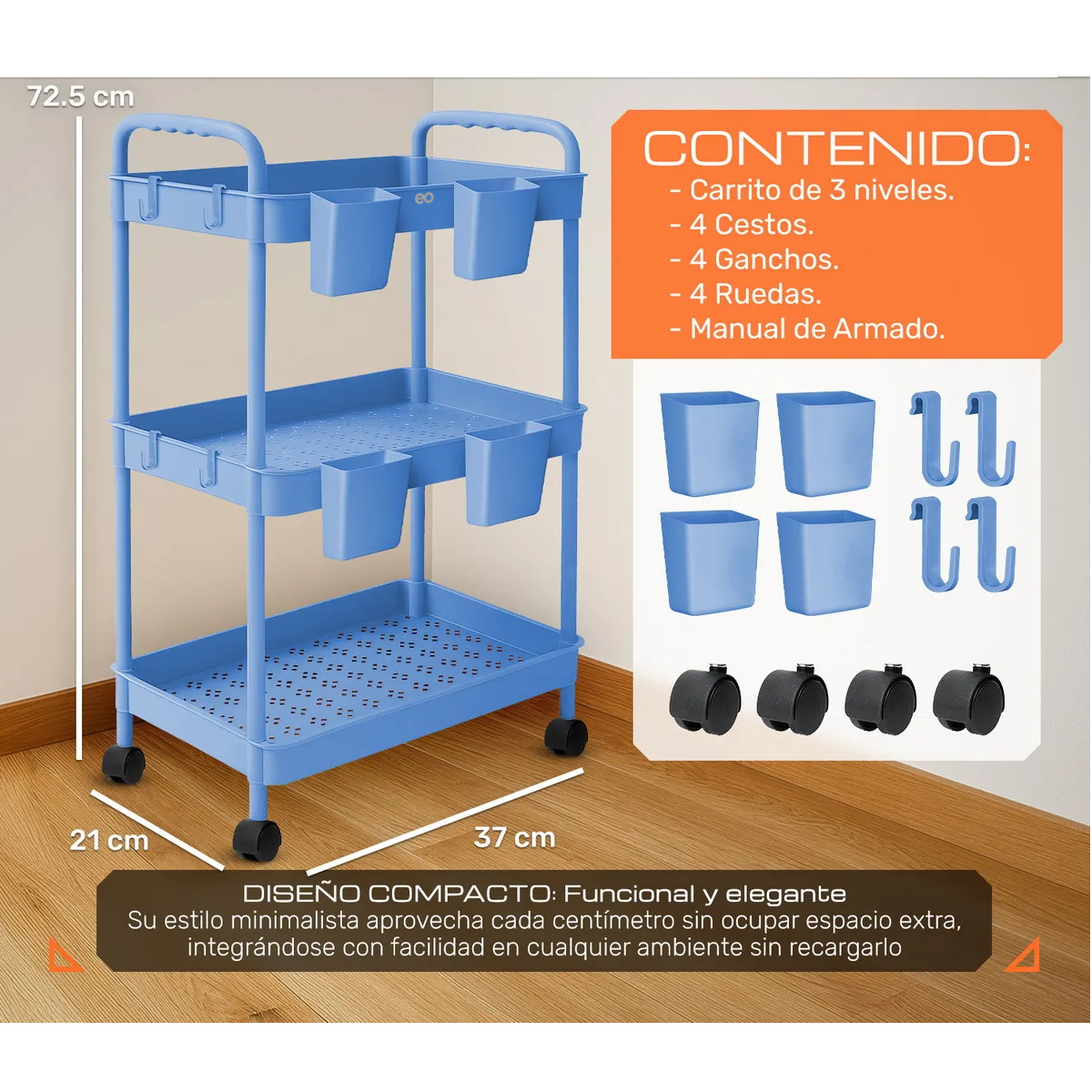 Carrito Organizador Multiusos 3 Niveles 4 Cestos Y Ganchos Azul