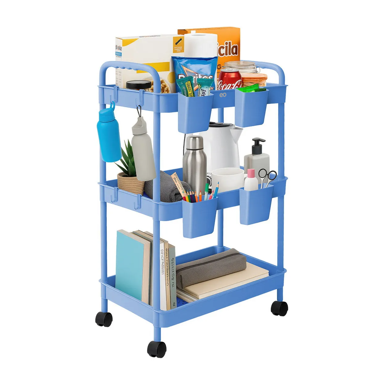 Carrito Organizador Multiusos 3 Niveles 4 Cestos Y Ganchos Azul