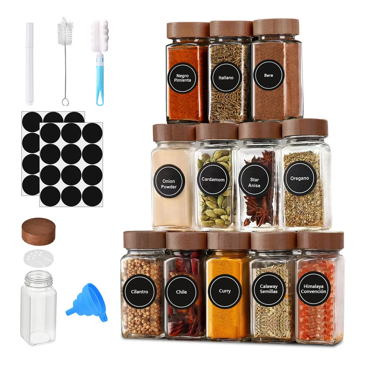 12 Especieros De Vidrio 120ml Con Etiquetas, Embudo Y Plumón
