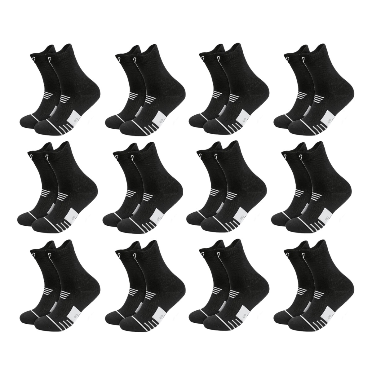 12 Pares Calceta Deportiva Hombre 100% Algodón Negro
