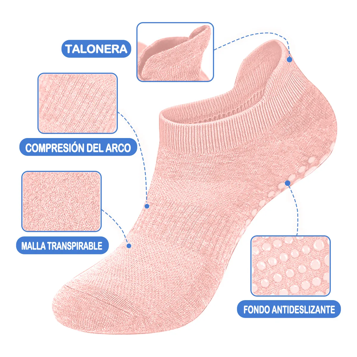 3 Par Calcetines Deportivos Acolchados Antiampollas Pilates Rosa Gris Negro