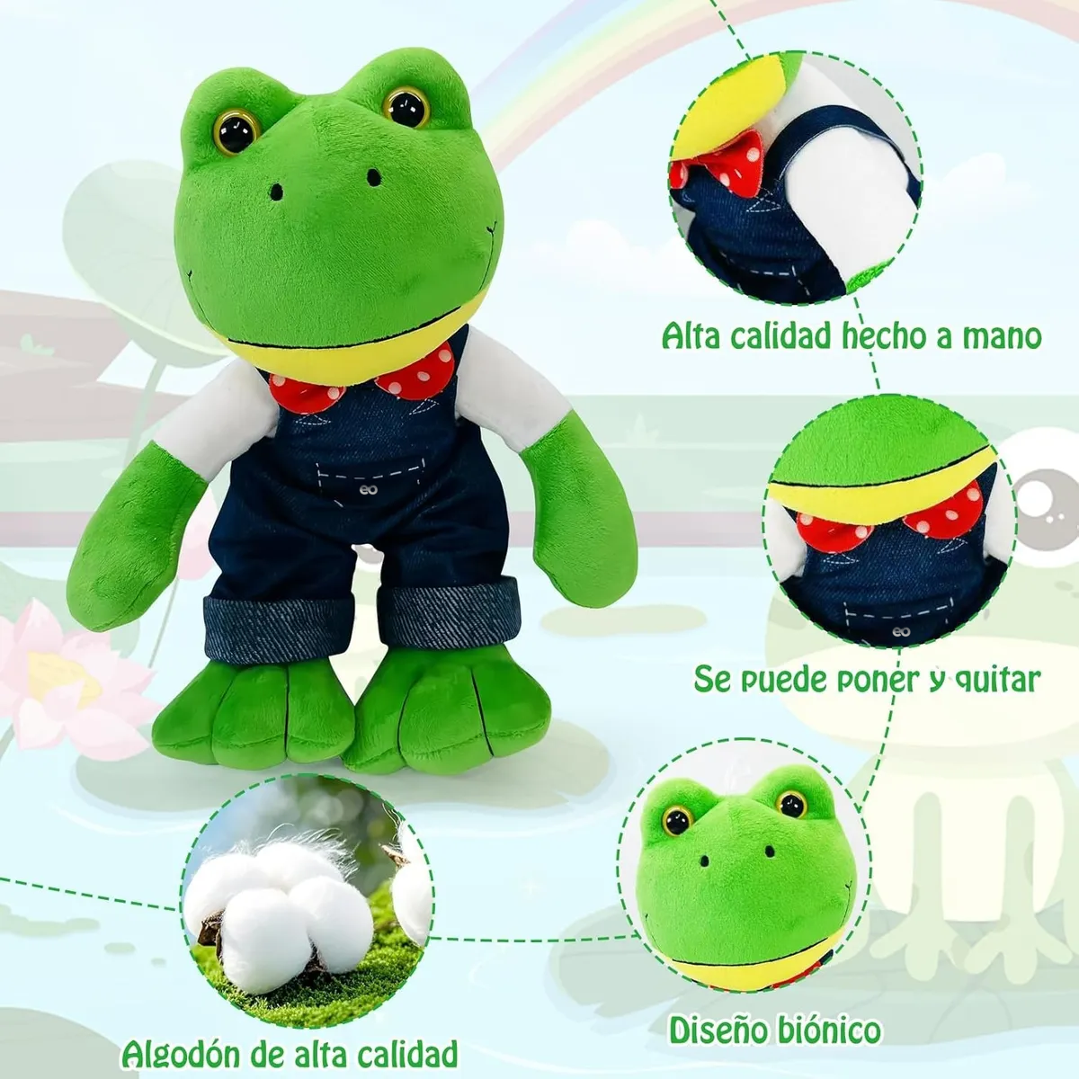 Peluche Rana Rene 30cm Ranita Con Overol Verde