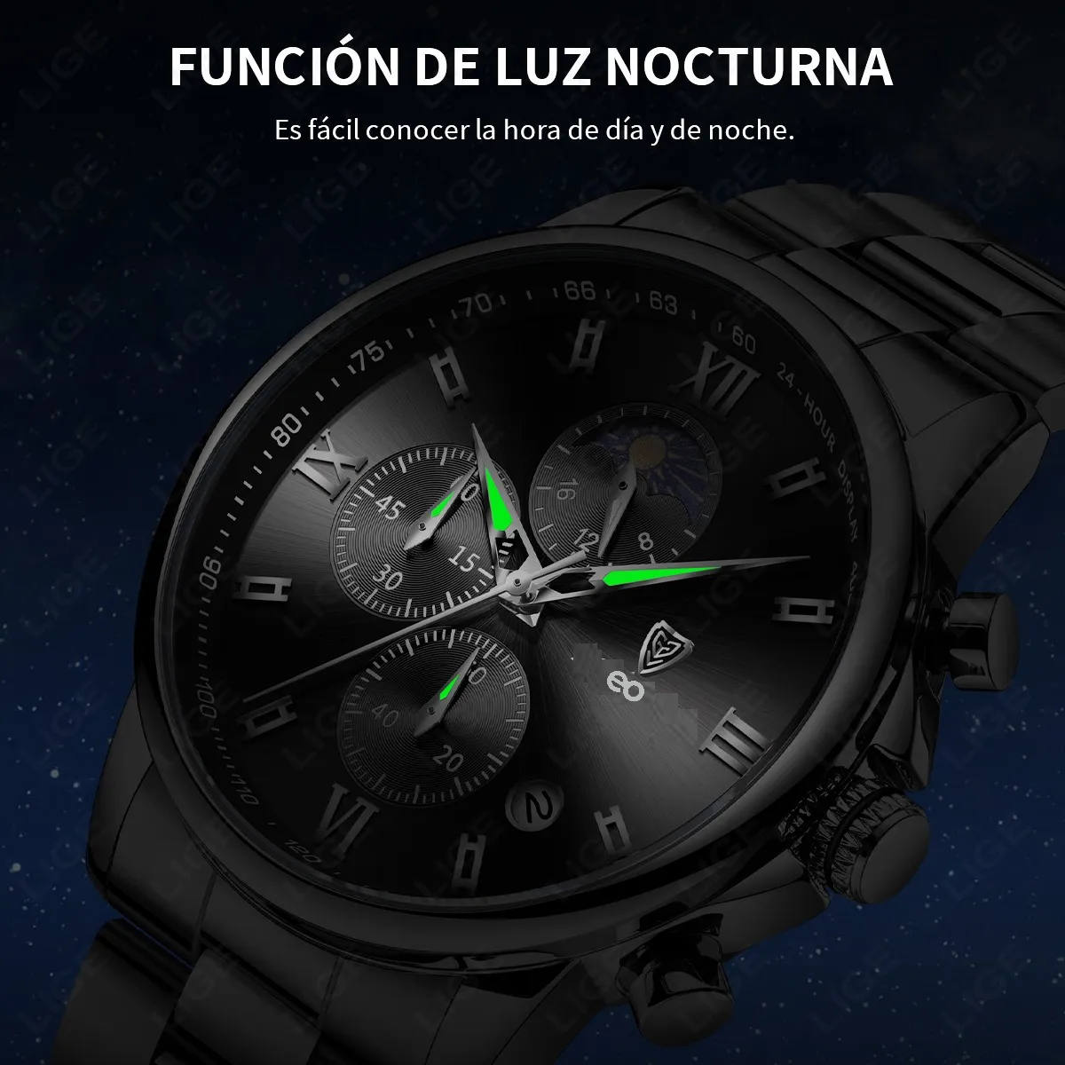 Reloj Pulsera Hombre Impermeable Relojes Cuarzo Acero Fecha Plateado/Negro