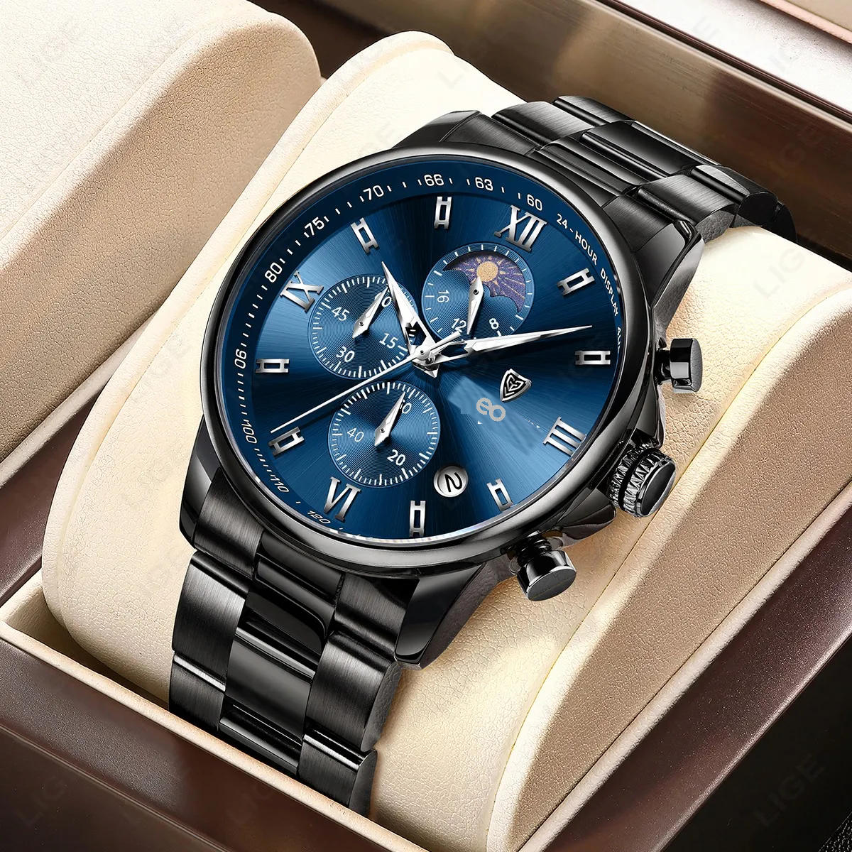 Reloj Pulsera Hombre Impermeable Relojes Cuarzo Acero Fecha Negro/Azul