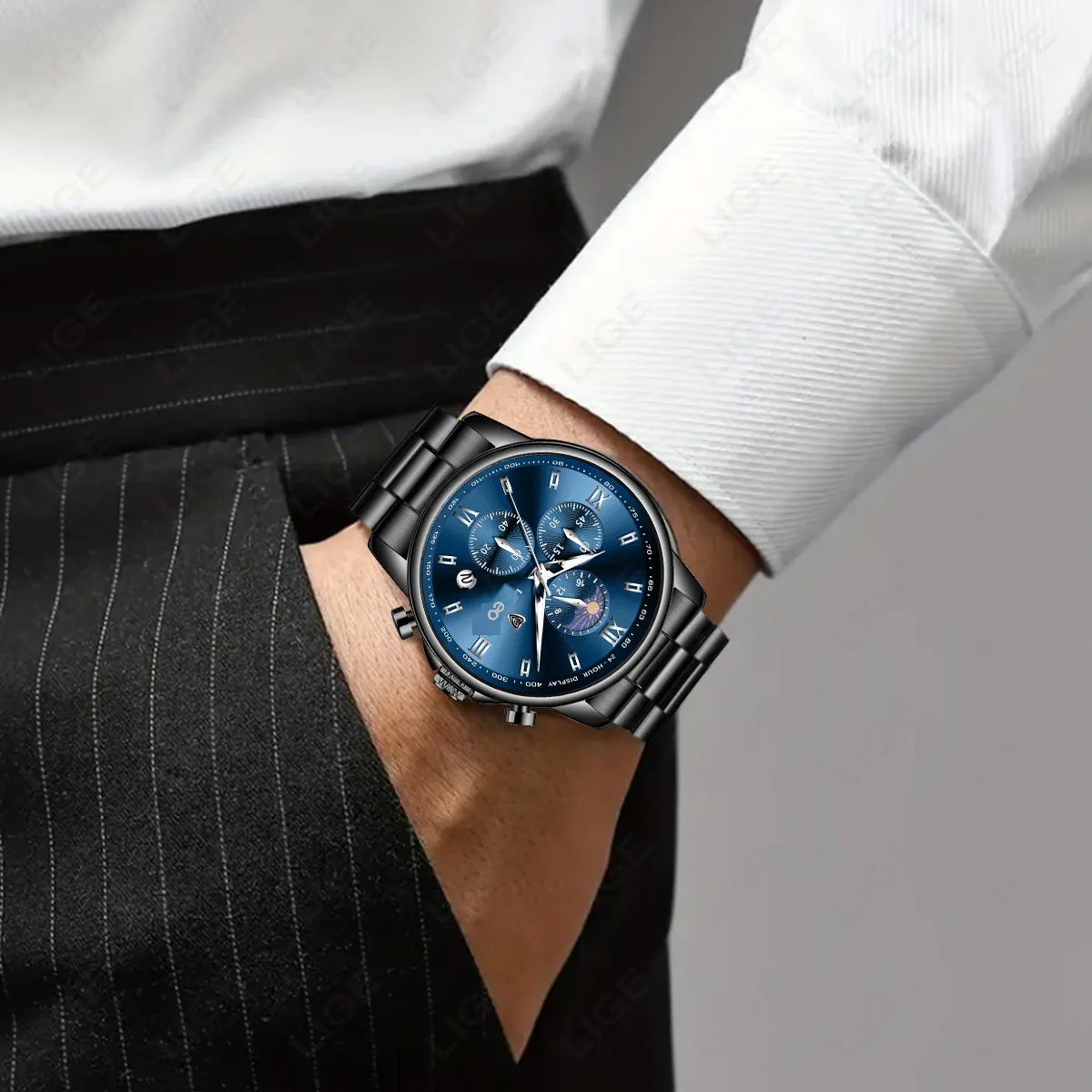 Reloj Pulsera Hombre Impermeable Relojes Cuarzo Acero Fecha Negro/Azul