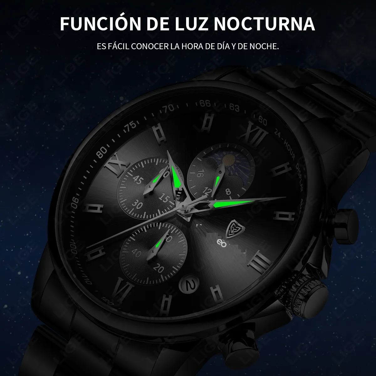 Reloj Pulsera Hombre Impermeable Relojes Cuarzo Acero Fecha Negro/Negro