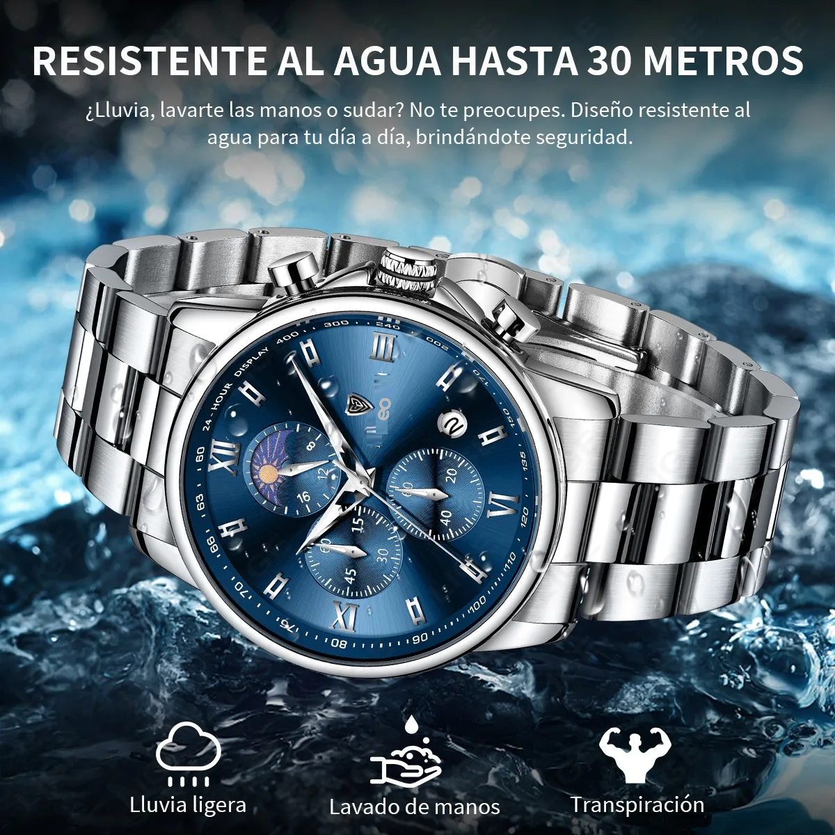Reloj Pulsera Hombre Impermeable Relojes Cuarzo Acero Fecha Plateado/Azul