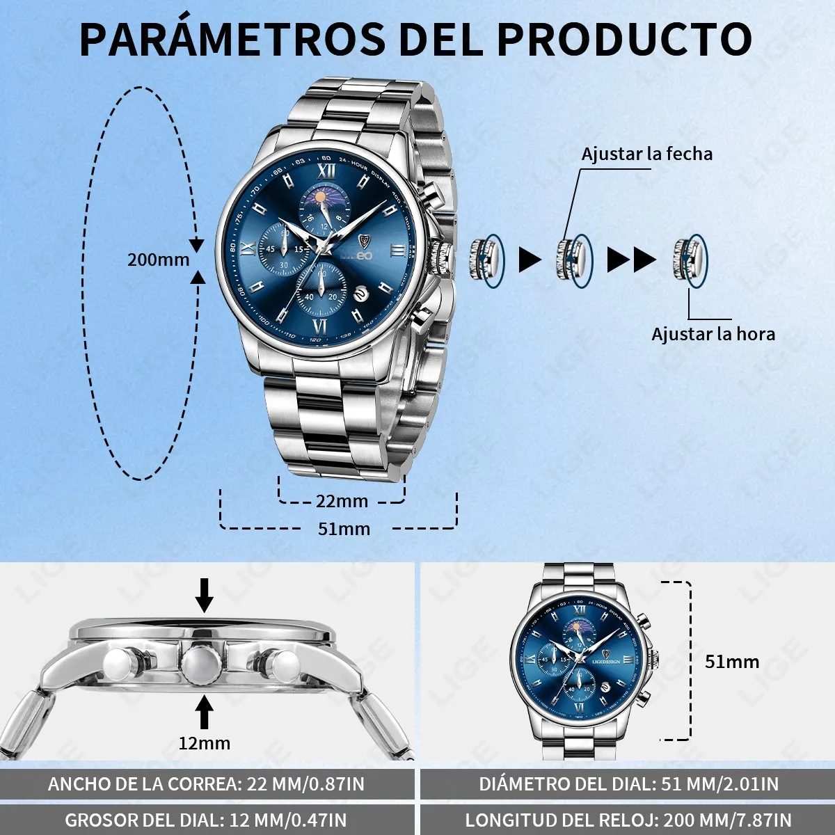 Reloj Pulsera Hombre Impermeable Relojes Cuarzo Acero Fecha Plateado/Azul