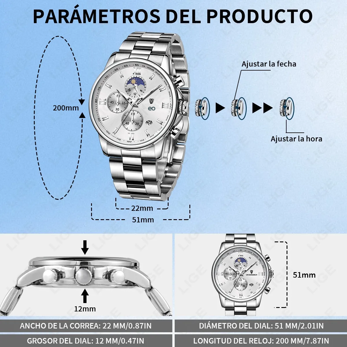 Reloj Pulsera Hombre Impermeable Relojes Cuarzo Acero Fecha Plateado/Blanco