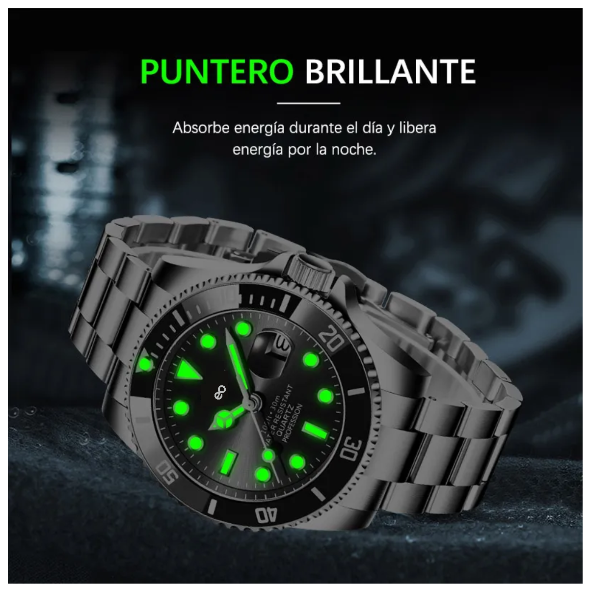 Reloj Impermeable Para Hombre Correa Plateado Bisel Negro Fondo Negro