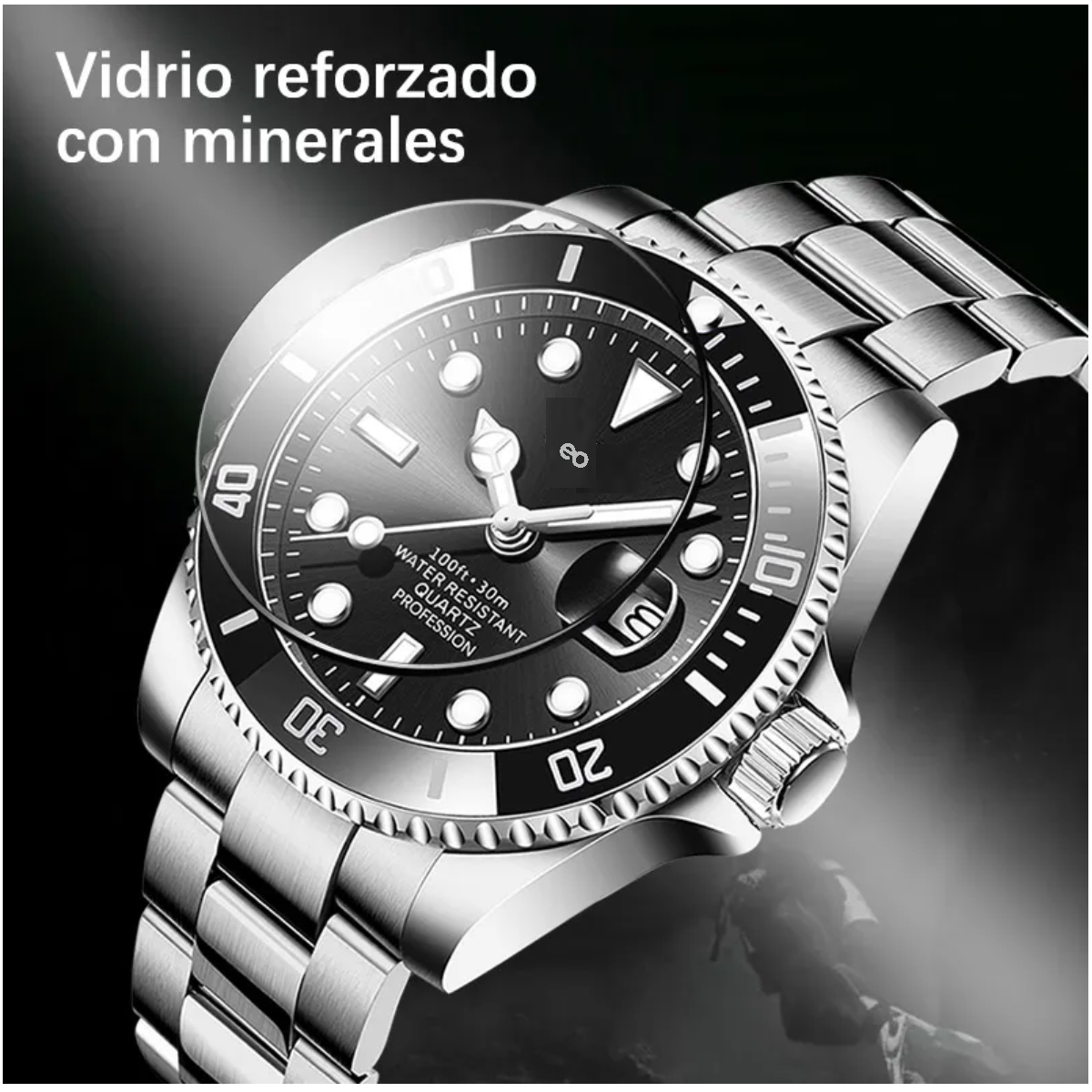 Reloj Impermeable Para Hombre Correa Plateado Bisel Negro Fondo Negro
