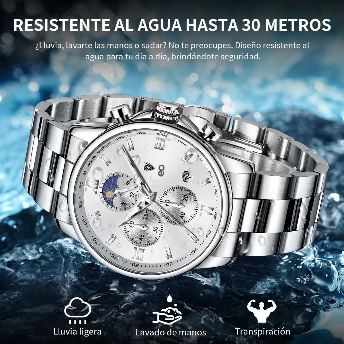 Reloj Pulsera Hombre Impermeable Relojes Cuarzo Acero Fecha Plateado/Blanco