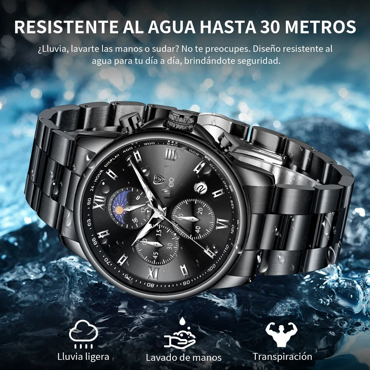 Reloj Pulsera Hombre Impermeable Relojes Cuarzo Acero Fecha Negro/Negro