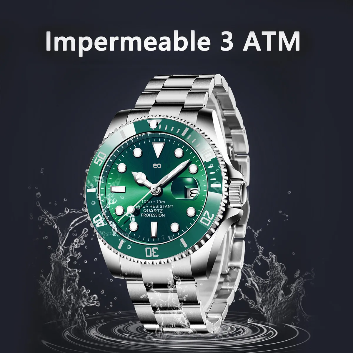 Reloj Impermeable Para Hombre Correa Plateado Bisel Verde Fondo Verde