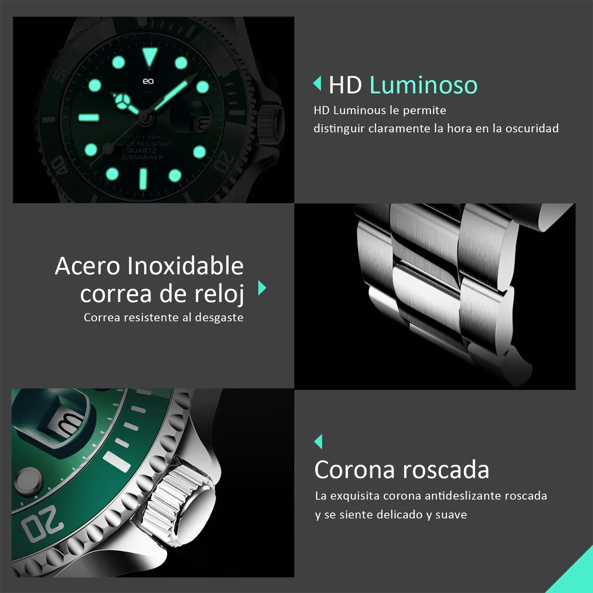 Reloj Impermeable Para Hombre Correa Plateado Bisel Verde Fondo Verde