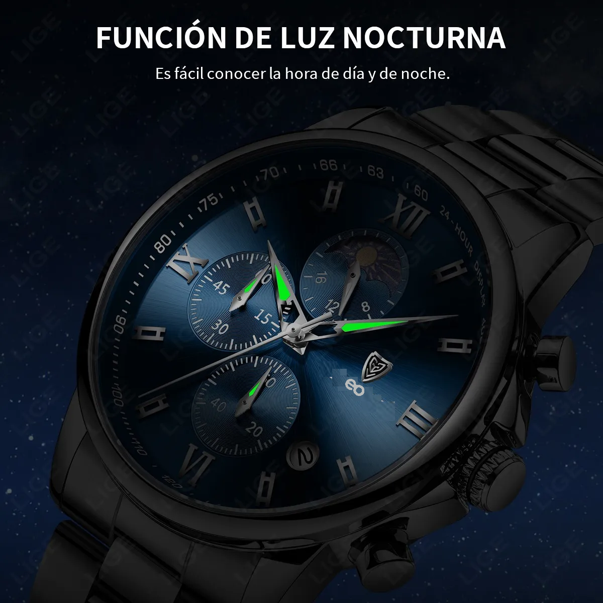 Reloj Pulsera Hombre Impermeable Relojes Cuarzo Acero Fecha Plateado/Azul