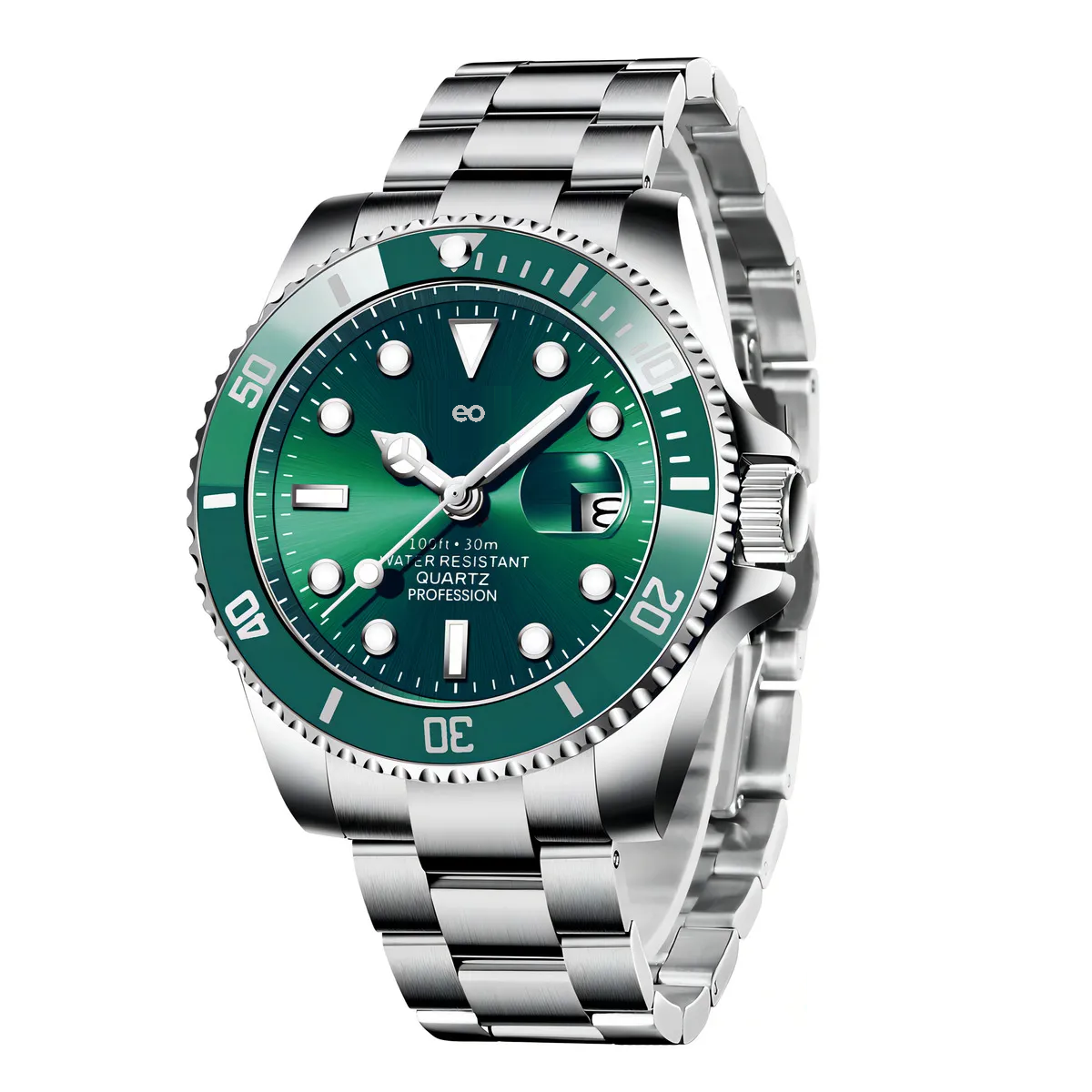Reloj Impermeable Para Hombre Correa Plateado Bisel Verde Fondo Verde