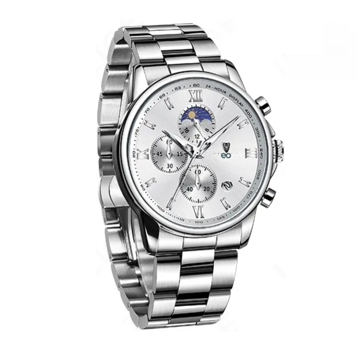 Reloj Pulsera Hombre Impermeable Relojes Cuarzo Acero Fecha Plateado/Blanco