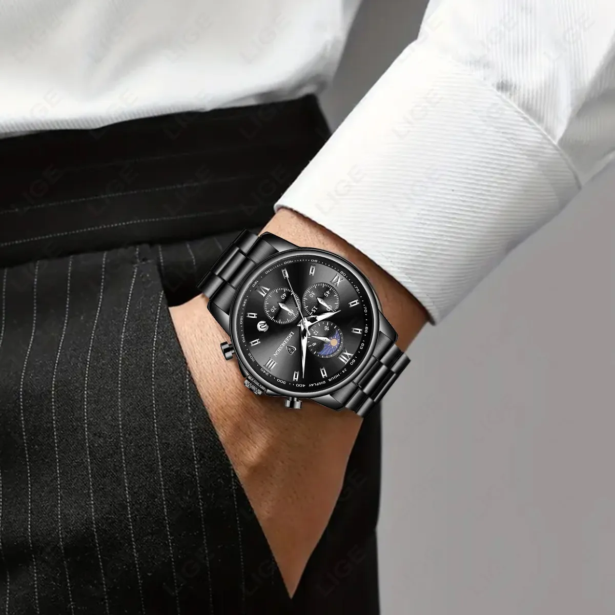 Reloj Pulsera Hombre Impermeable Relojes Cuarzo Acero Fecha Negro/Negro