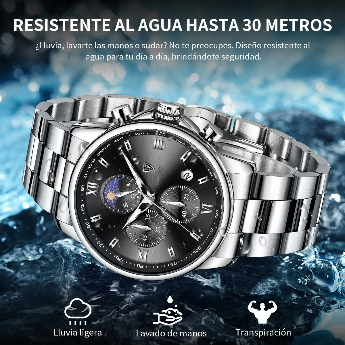 Reloj Pulsera Hombre Impermeable Relojes Cuarzo Acero Fecha Plateado/Negro