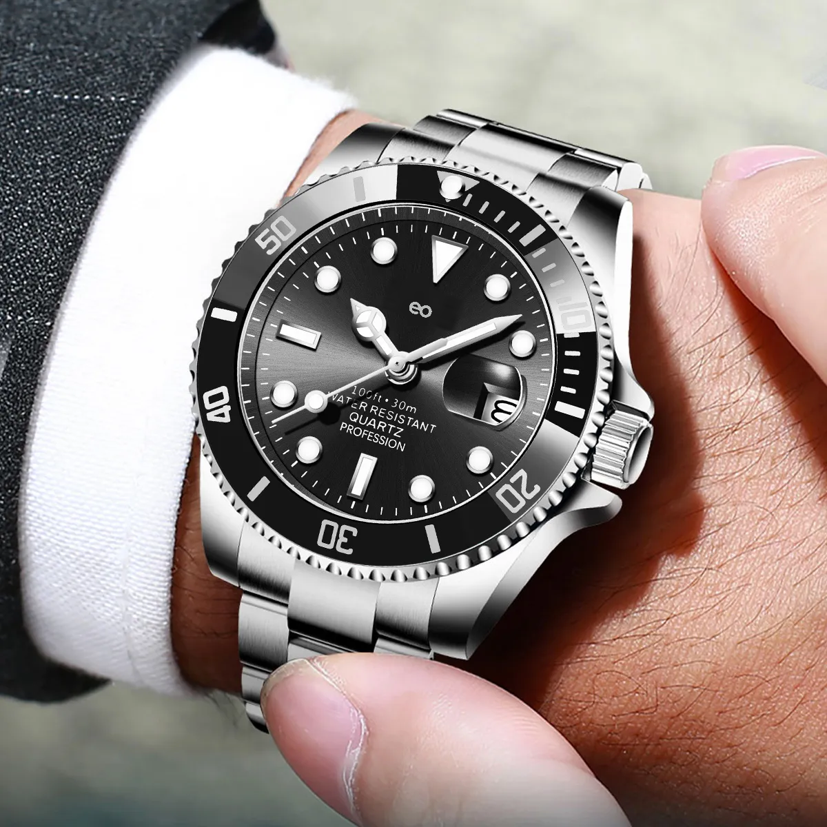 Reloj Impermeable Para Hombre Correa Plateado Bisel Negro Fondo Negro