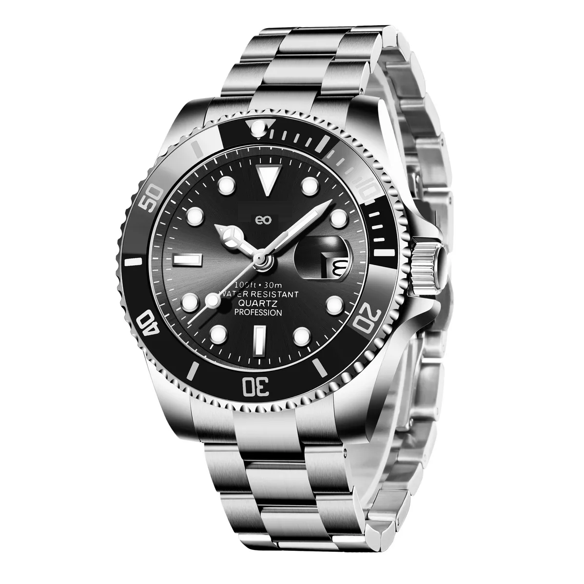 Reloj Impermeable Para Hombre Correa Plateado Bisel Negro Fondo Negro