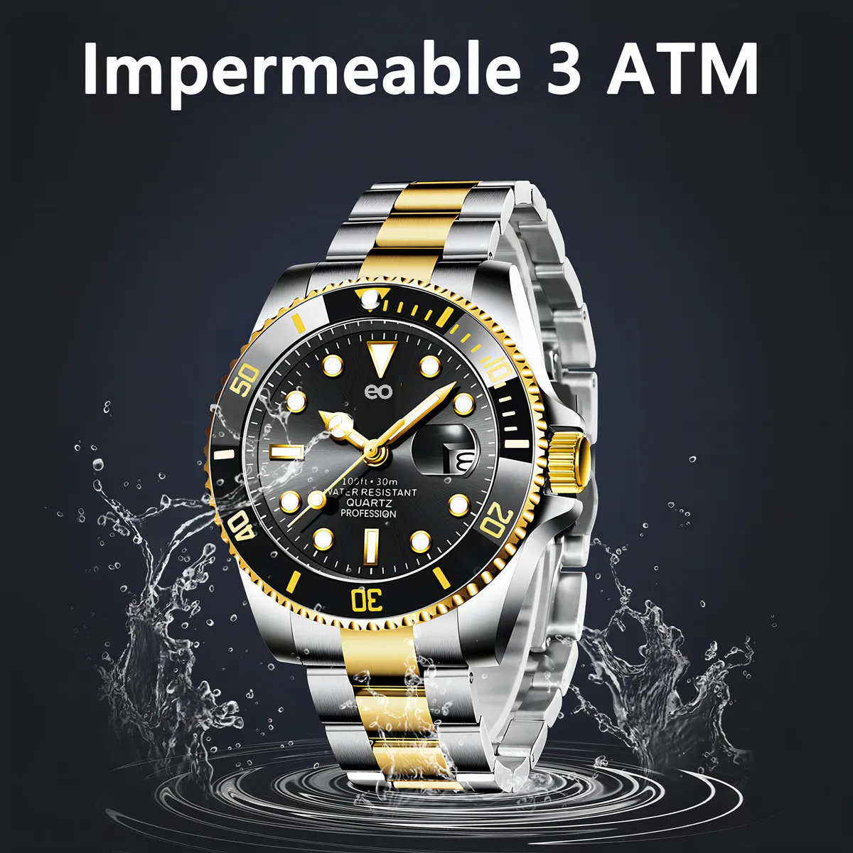 Reloj Impermeable Para Hombre Correa Dorado Bisel Negro Fondo Negro