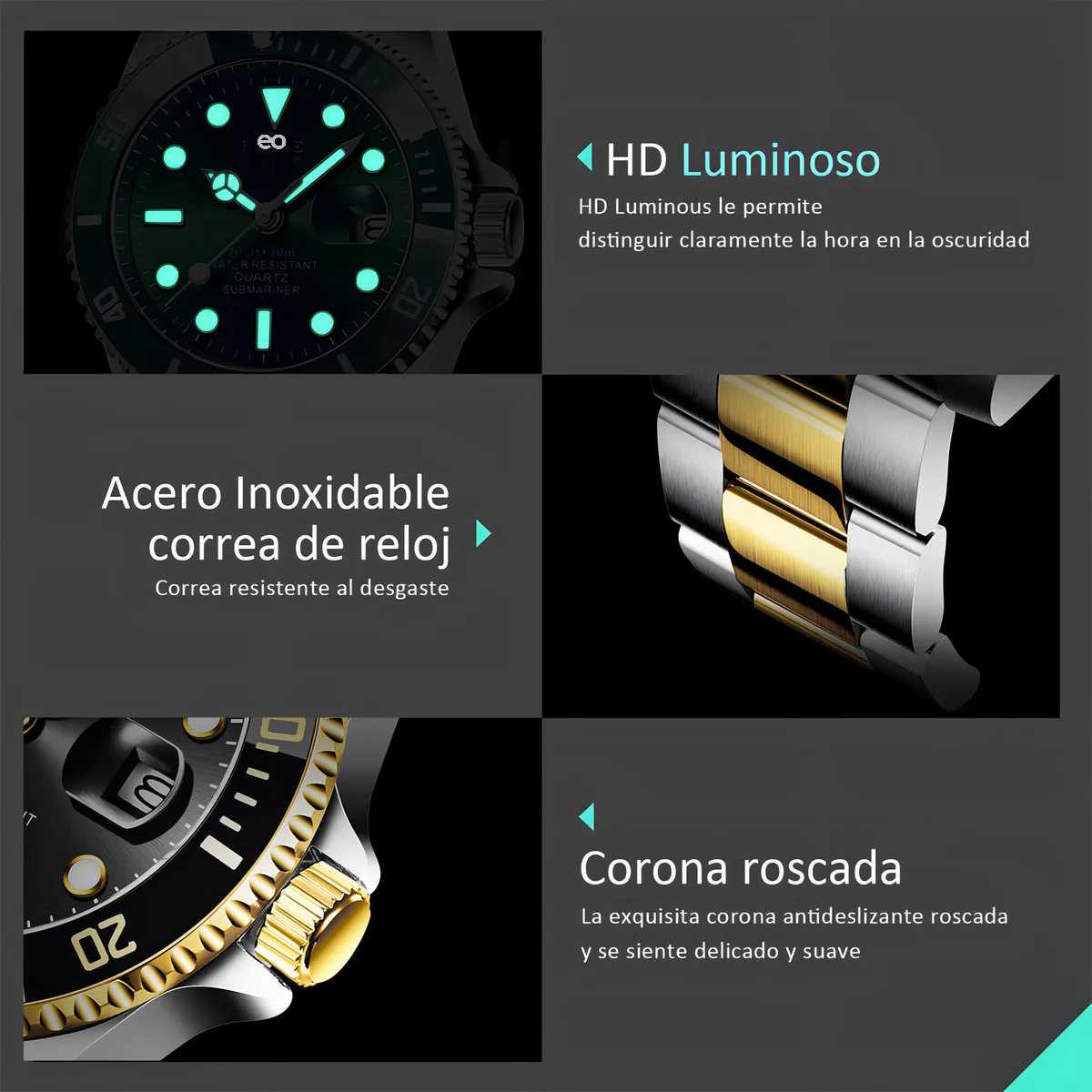 Reloj Impermeable Para Hombre Correa Dorado Bisel Negro Fondo Negro