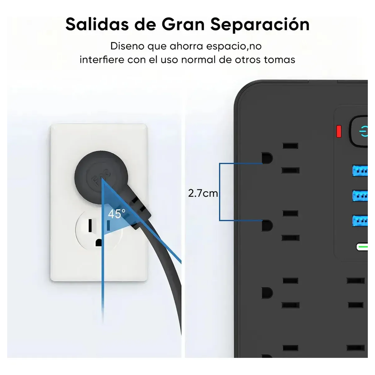 2 Piezas Multicontactos Usb 1250w Cable 2 Metros Con 8 Salidas+3 Usb+1 Gris