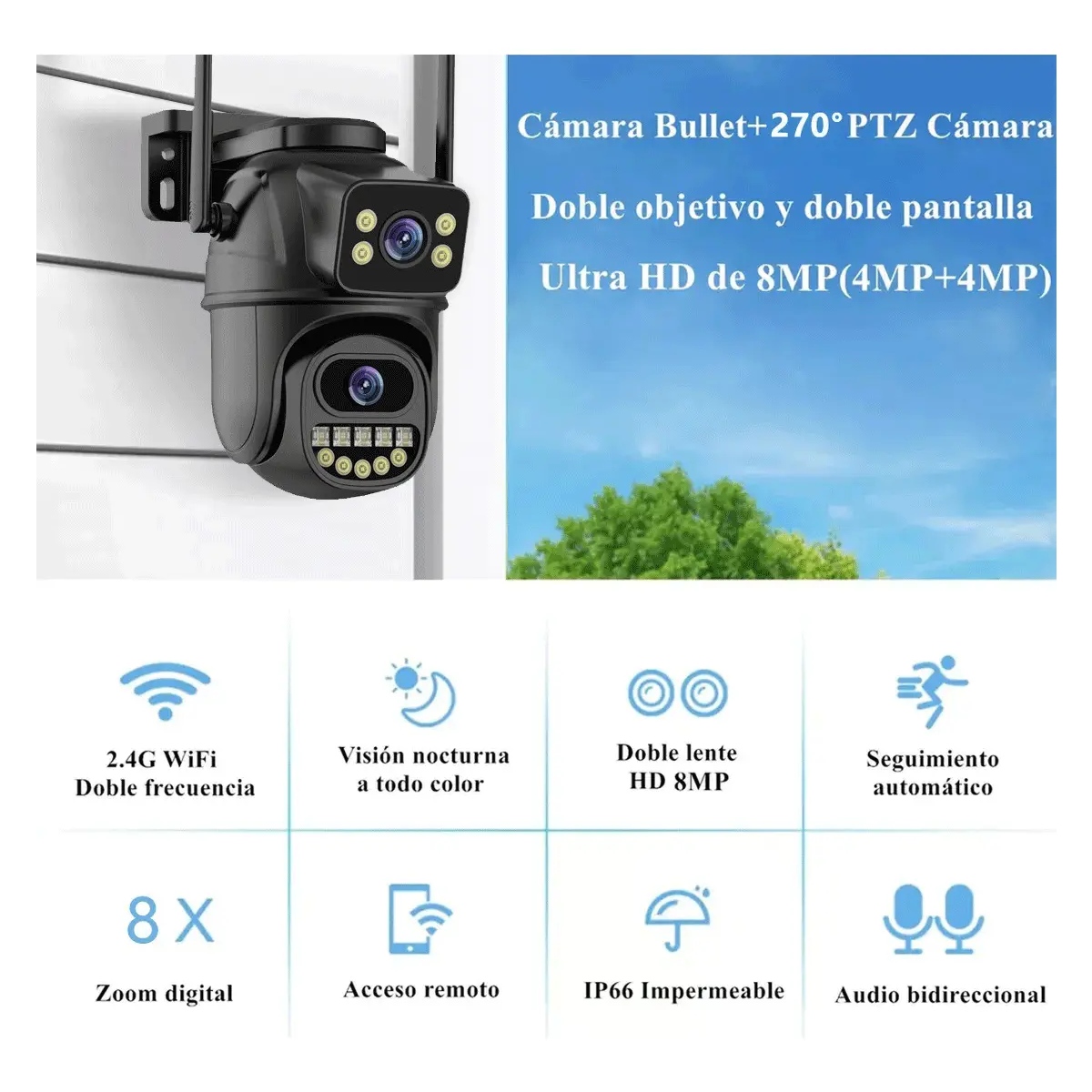 Cámara De Vigilancia WiFi Exterior Budsun Con Panel Solar, Batería, Audio Bidireccional, PTZ 350°, Detección Humana Y Visión Nocturna En Color