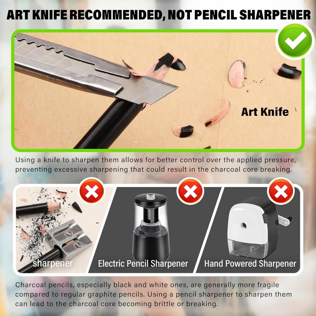 KALOUR Pro Set 12 lápices de carbón Blanco, Negro y Color Para Boceto, Sombreado y Retrato