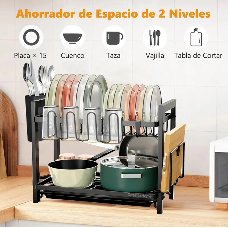 Escurridor De Platos De 2 Niveles Con Bandejas De Extraíbles