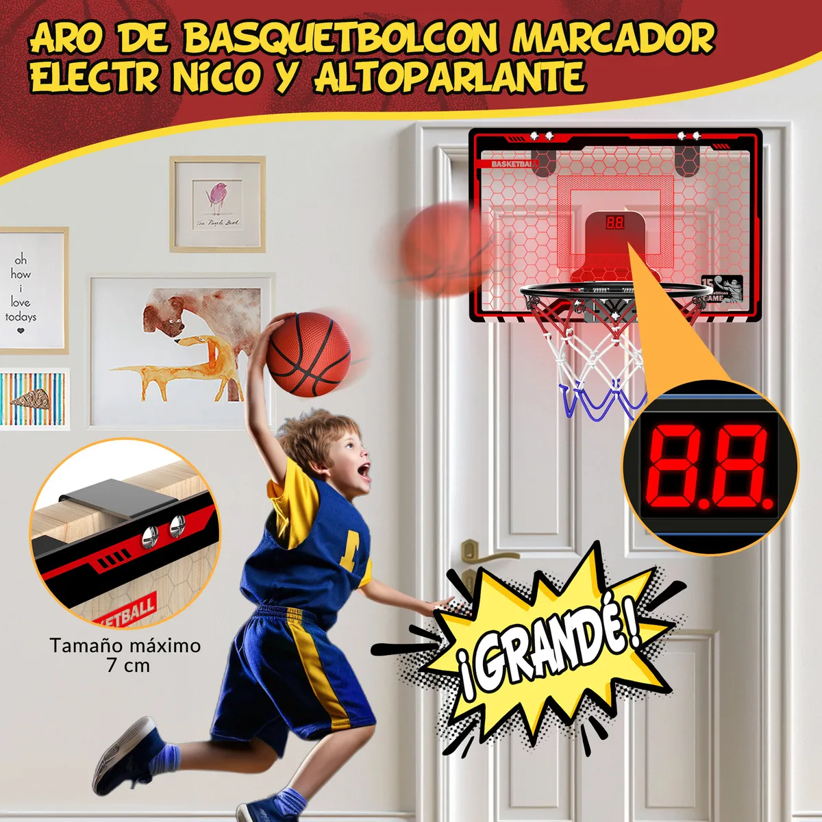 POPERFUN Mini Canasta De Baloncesto Con LED Y Marcador Electrónico – 3 Modos De Juego, 3 Balones, Tablero Reforzado, Regalo Para Niños De 5 A 12 Años