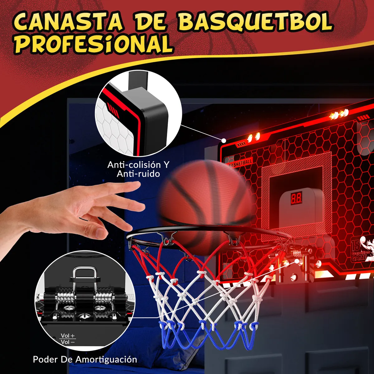 AIQI Canasta De Baloncesto Infantil De Pared – Con Puntuación Automática, Luces LED Y 4 Pelotas De Goma, Fácil Instalación En Puertas, Ideal Para Niños De 5 A 12 Años