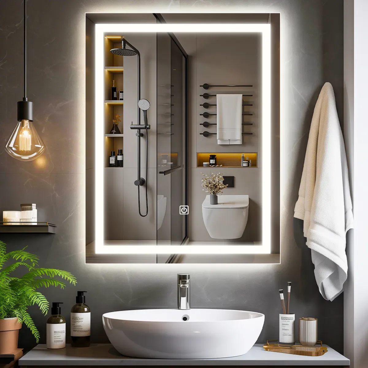 Espejo Decorativo para Baño con Luz LED Tactil de 3 Tonos Atenuables con Marco de 52.5 cm x 37.5 cm
