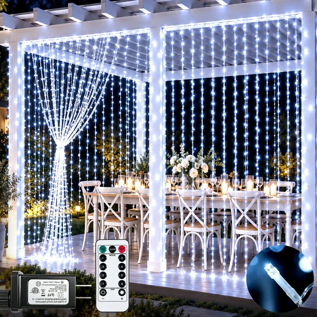 Serie de Luces para Navidad Tipo Cortina Blanco Frio de 6x3 m con 600 LED para Pared y Ventana Decoracion Navideña