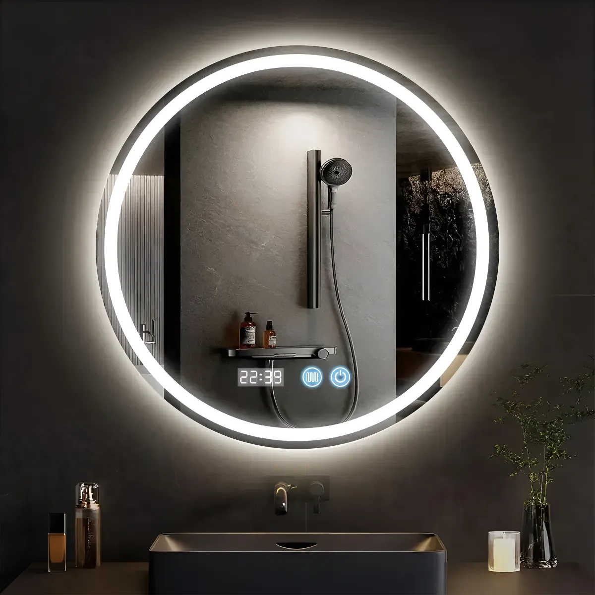 Espejo Circular para Baño de Pared con Luz LED Tactil Antivaho Reloj Digital Pantalla de Hora y Marco de 45 cm x 45 cm