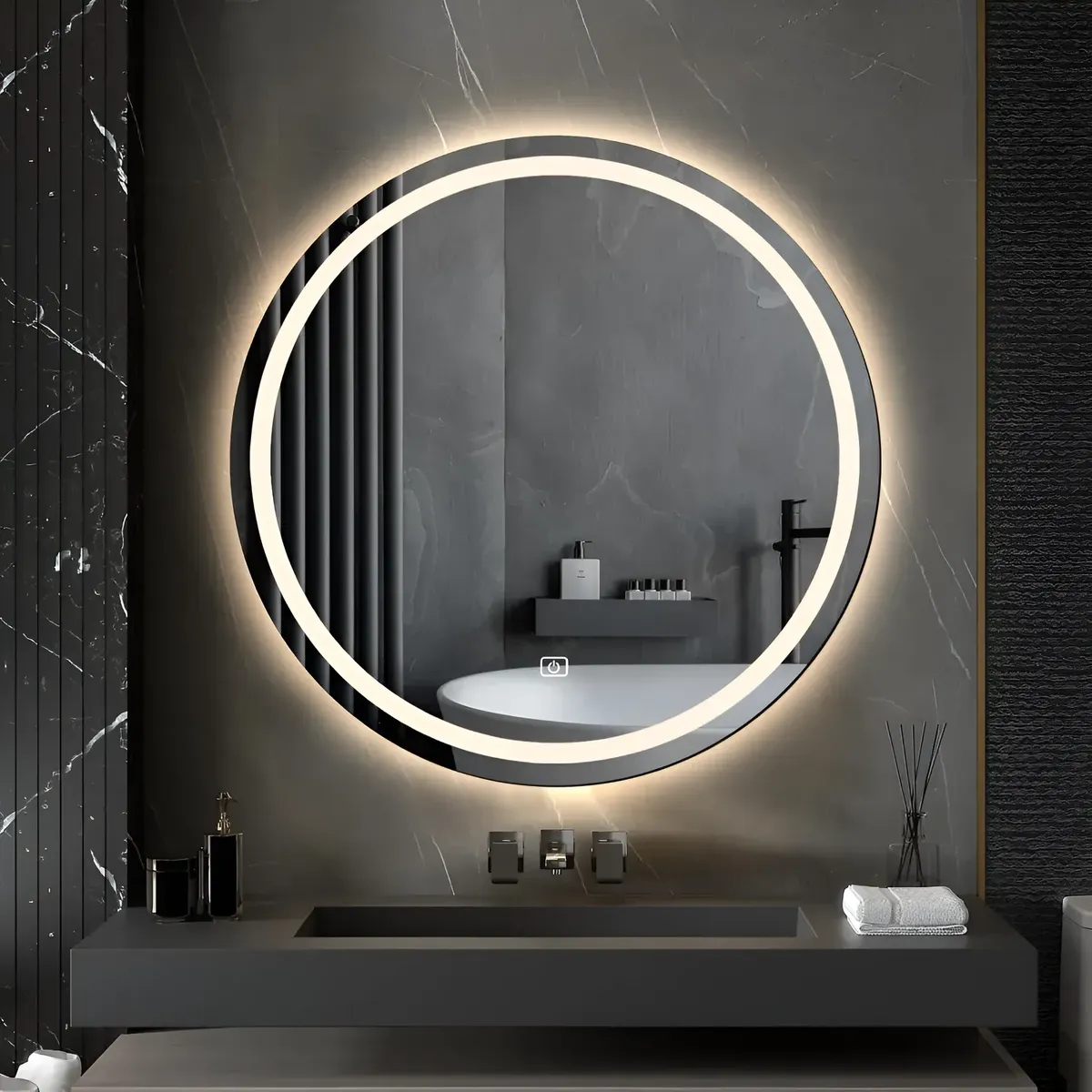 Espejo Circular para Baño de Pared con Luz LED Tactil Antivaho y Marco de 45 cm x 45 cm