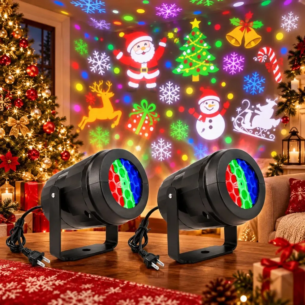 Kit de 2 Proyectores LED Giratorios de Pared para Interiores con 16 Patrones Navideños para Hogar y Fiestas 