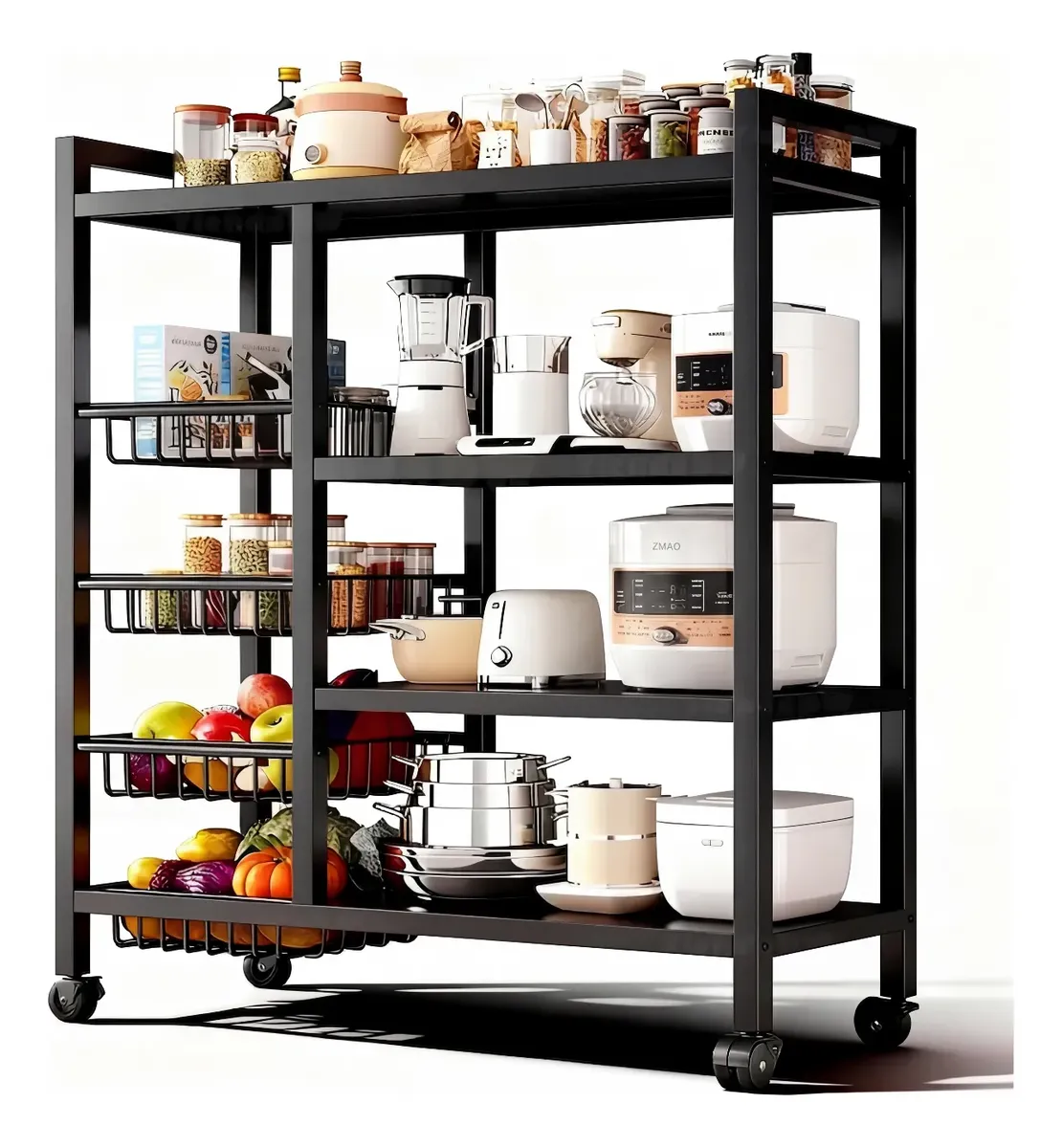 Mueble Organizador de Cocina Rack Metalico Multiusos con Ruedas y Cestas para Microondas de 108 cm x 32 cm x 95 cm