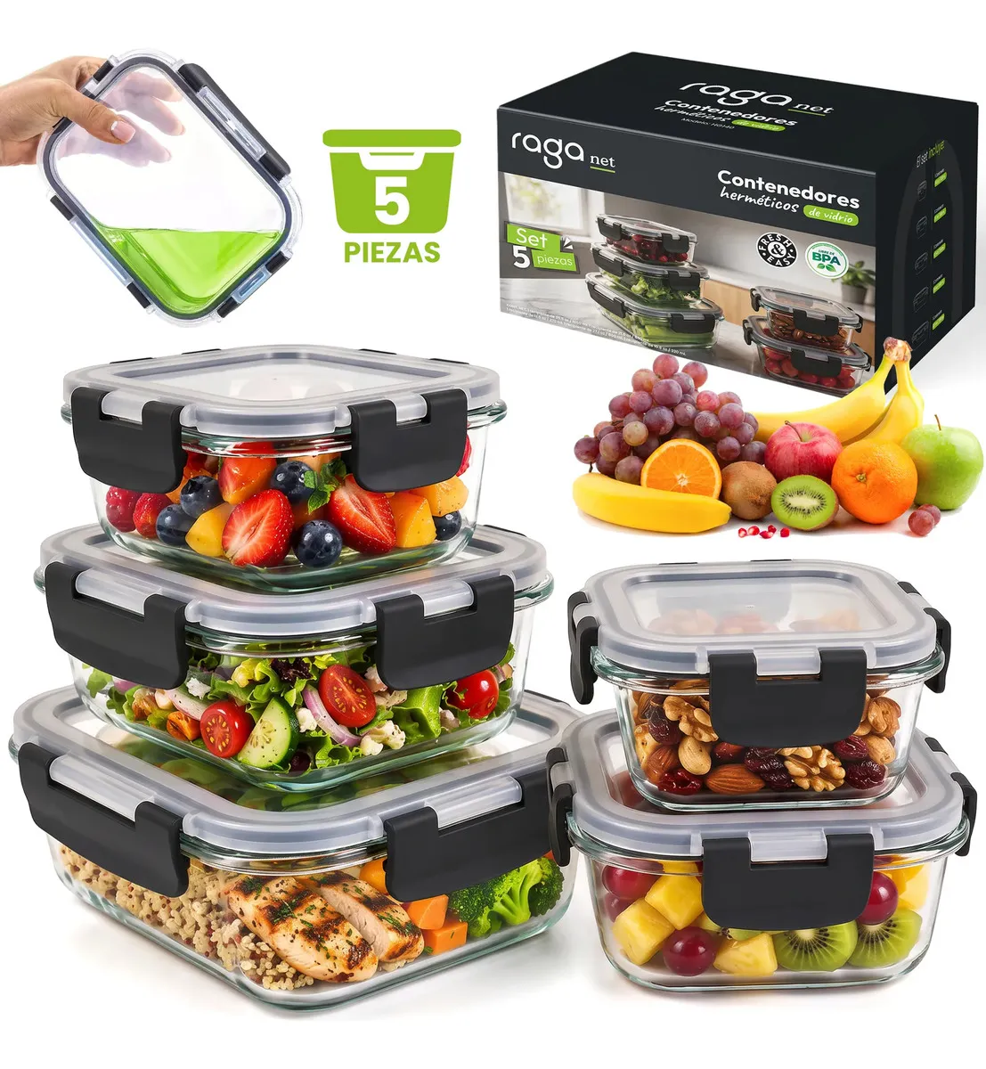 Contenedores Hermeticos de Vidrio para Alimentos Juego de 5 Piezas con Tapa Apilables para Microondas y Congelador
