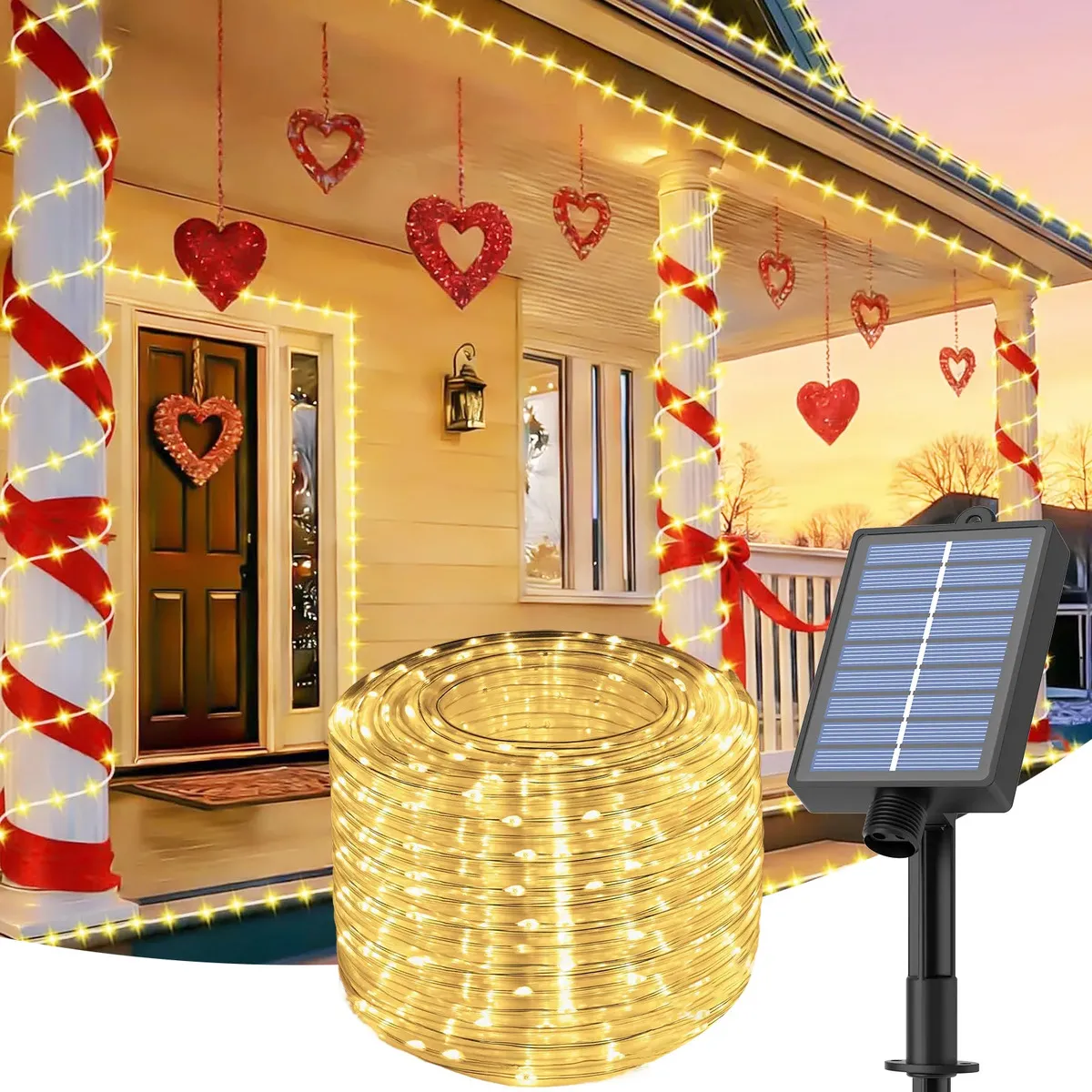 Serie de Luces para Navidad Solares color Blanco Calido de 22 m con 200 LED Tipo Manguera IP65 Decoracion Navideña