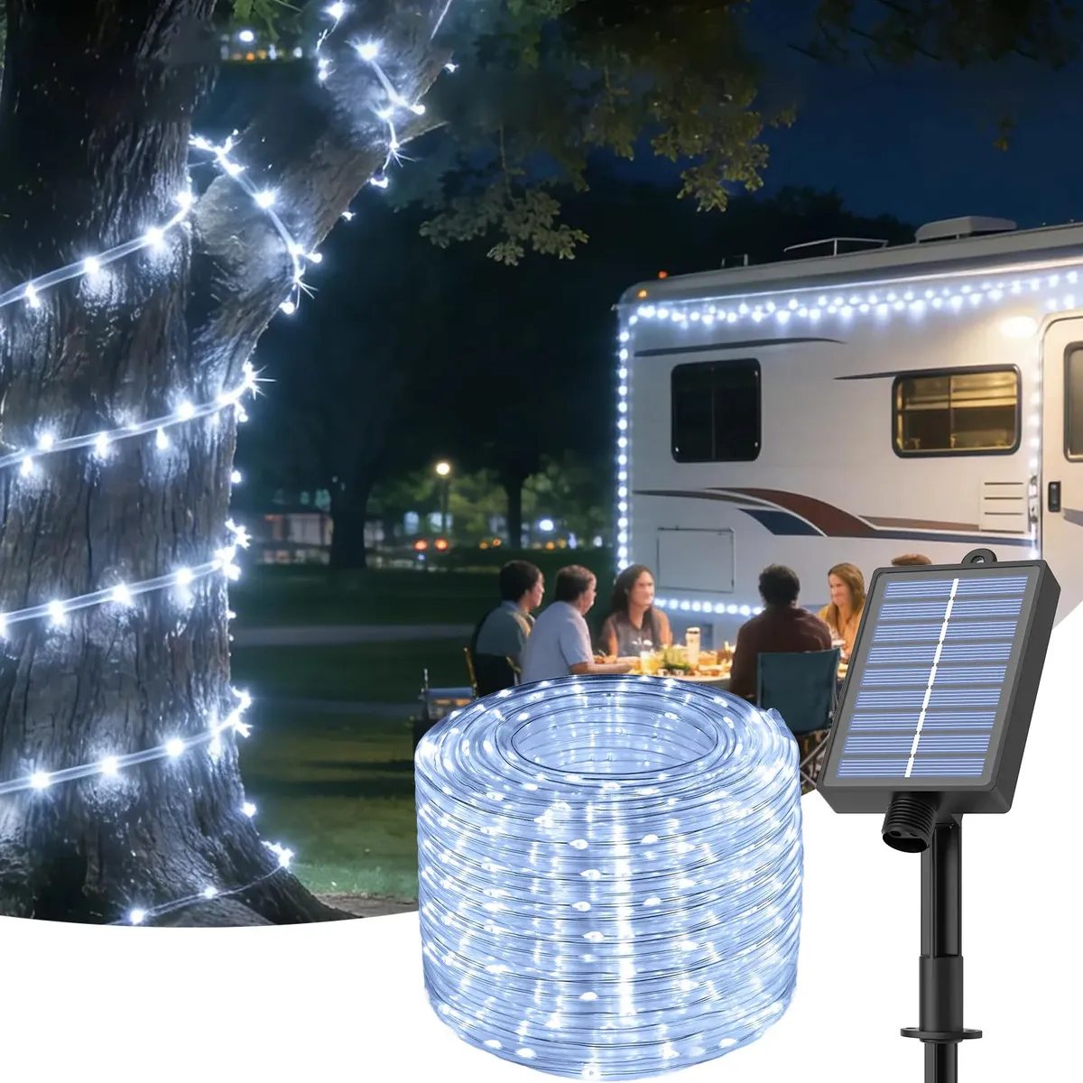 Serie de Luces para Navidad Solares color Blanco Frio de 22 m con 200 LED Tipo Manguera IP65 Decoracion Navideña