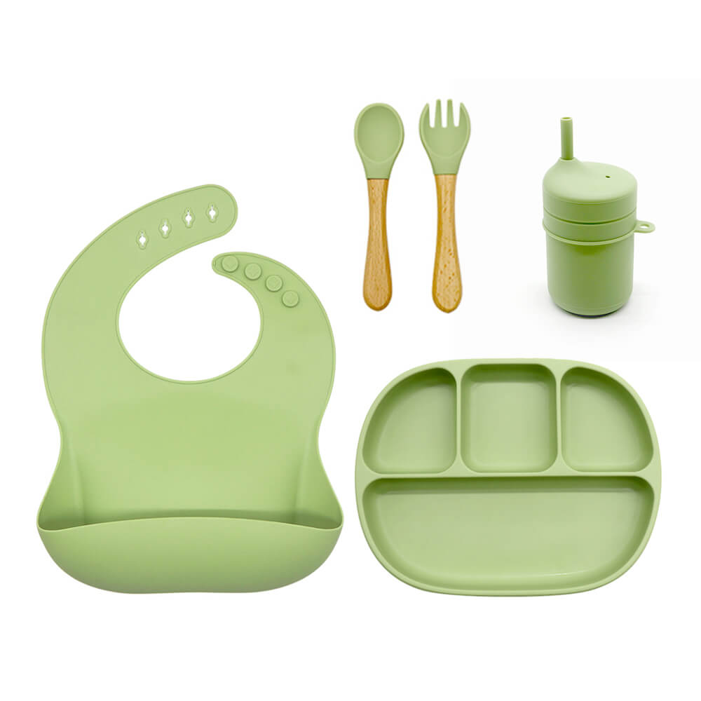 Set comida para bebe de silicona vaso plato cubiertos babero SIN BPA.