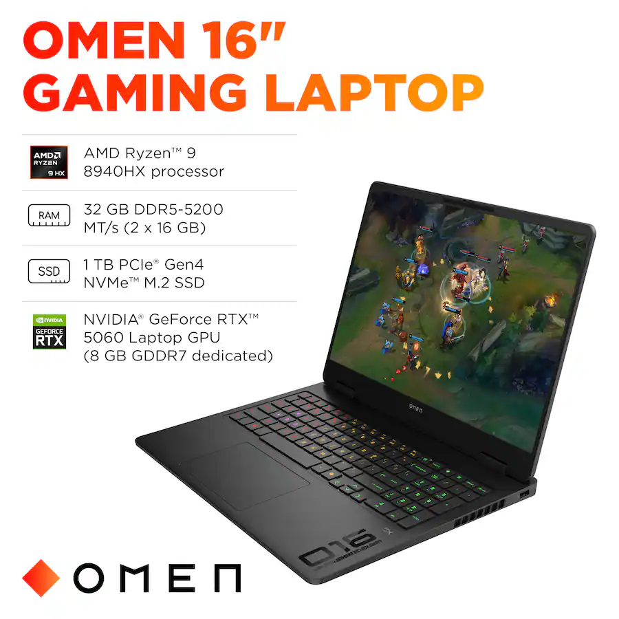 Laptop HP Gaming Omen AMD Ryzen 9 Serie 8000 16" 32 Gb RAM 1 TB SSD Nvidia GeForce RTX 5060 W11 Color Negro