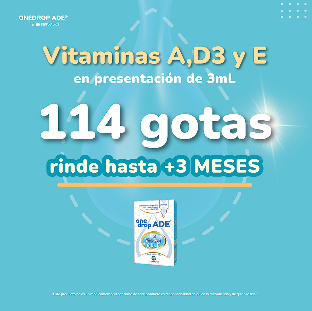 Vitamina ONEDROP ADE | Frasco de 3 ML 114 Gotas | Vitamina A, D3 y E | Multivitamínico | Sin Azúcar | Sin Sabor