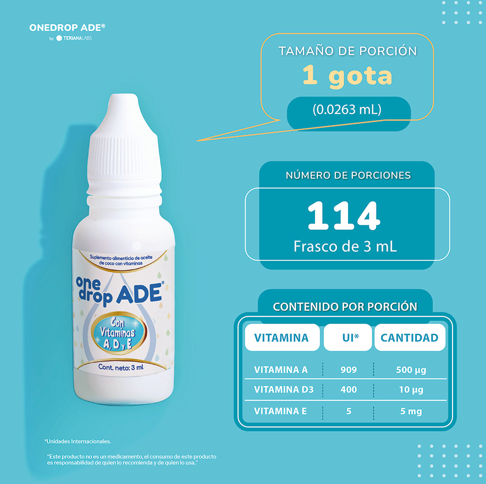 Vitamina ONEDROP ADE | Frasco de 3 ML 114 Gotas | Vitamina A, D3 y E | Multivitamínico | Sin Azúcar | Sin Sabor
