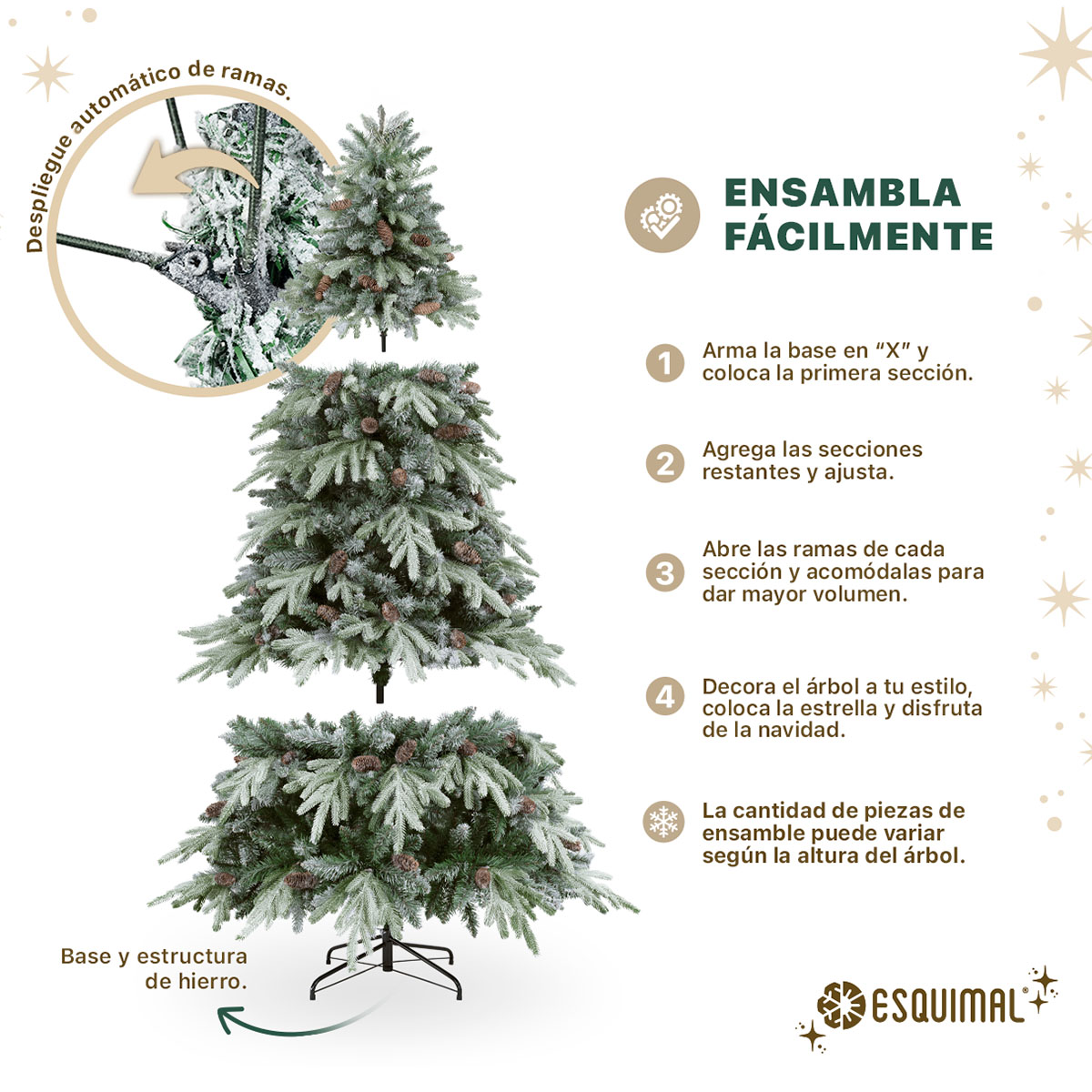 Árbol de Navidad Nevado con Piñas 2.5m. 1630 Ramas. Pino Navideño con Nieve Artificial (Verde). Esquimal