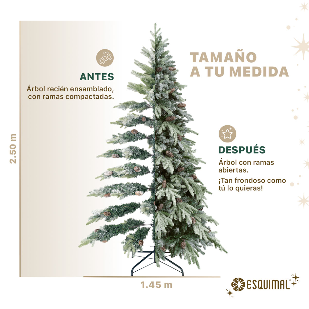 Árbol de Navidad Nevado con Piñas 2.5m. 1630 Ramas. Pino Navideño con Nieve Artificial (Verde). Esquimal