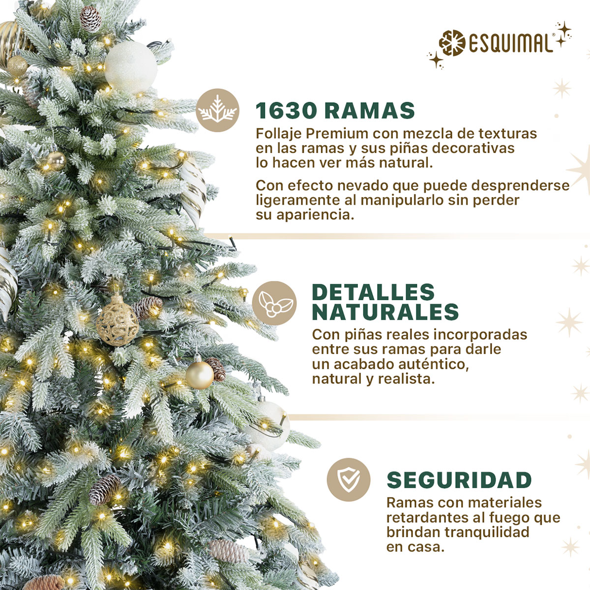 Árbol de Navidad Nevado con Piñas 2.5m. 1630 Ramas. Pino Navideño con Nieve Artificial (Verde). Esquimal